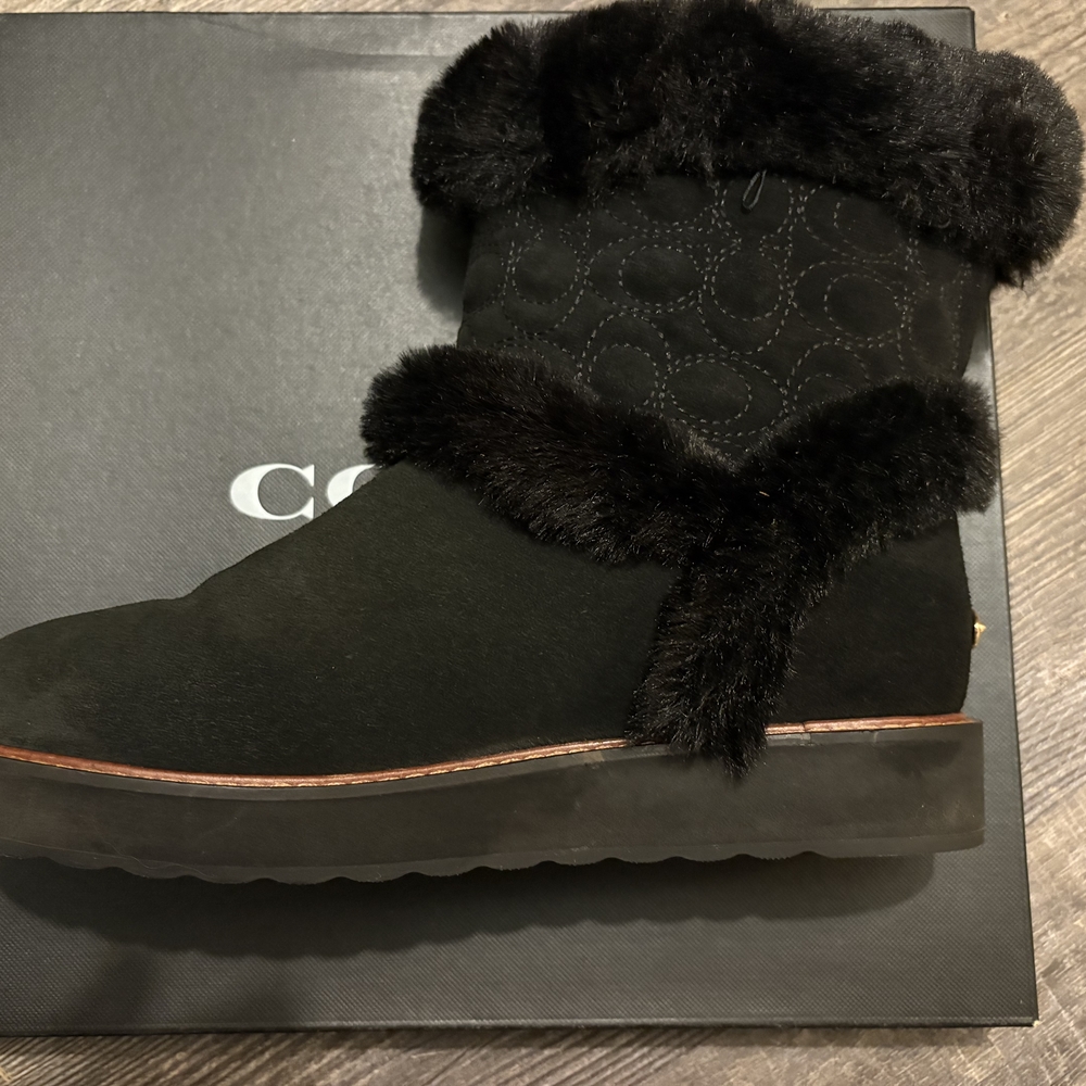 Coach Black Suede Fur-Trim Boots